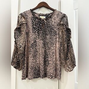 Anthropologie Maeve XS Black and Beige Spotted Ruffle Semi Sheer Sleeve Blouse